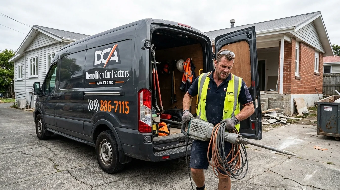Professional road and driveway excavation Auckland crew unloading heavy gear from a company van.